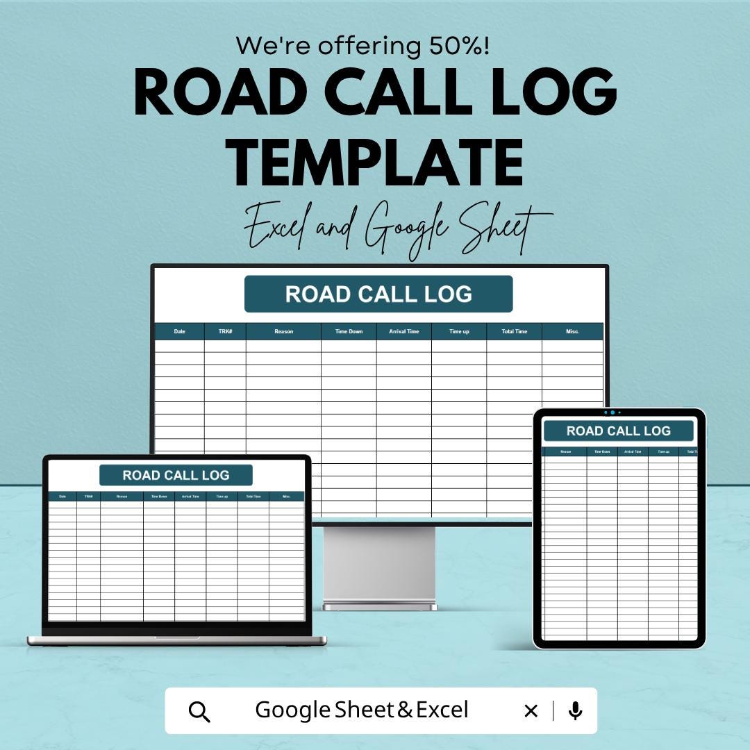 Road Call Log Template | Fleet Maintenance Tracker | Vehicle Downtime Log | Excel & Google Sheets | Dispatch and Service Record Spreadsheet