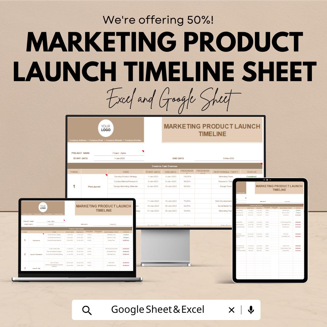 Marketing Product Launch Timeline Sheet | Excel and Google Sheet Template for Product Launch Plan | Project Timeline & Task Management