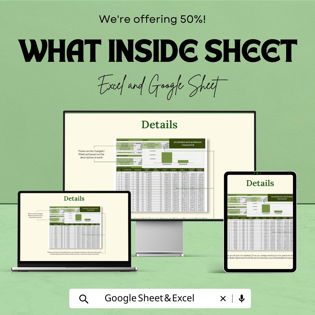 ARM Mortgage Calculator Template, Adjustable Rate Mortgage Spreadsheet, Loan Amortization Calculator, Excel & Google Sheets