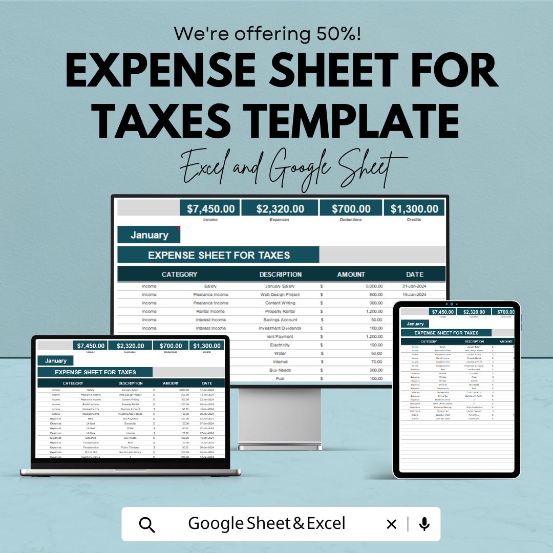 Expense Sheet for Taxes Template | Income & Expense Tracker | Tax Deduction Spreadsheet for Excel and Google Sheets