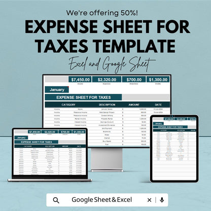 Expense Sheet for Taxes Template | Income & Expense Tracker | Tax Deduction Spreadsheet for Excel and Google Sheets
