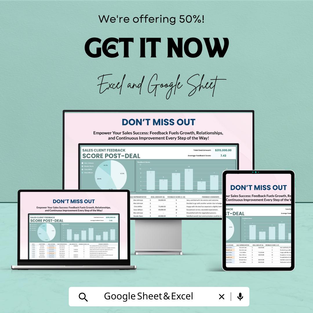 Sales Client Feedback Score Post-Deal Template | Excel & Google Sheets | Sales Performance Tracker | Client Satisfaction Analysis