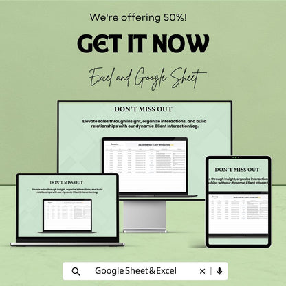Sales Monthly Client Interaction Log Sheet | Excel & Google Sheets Template | Sales Tracking | Client Engagement | 50% Off