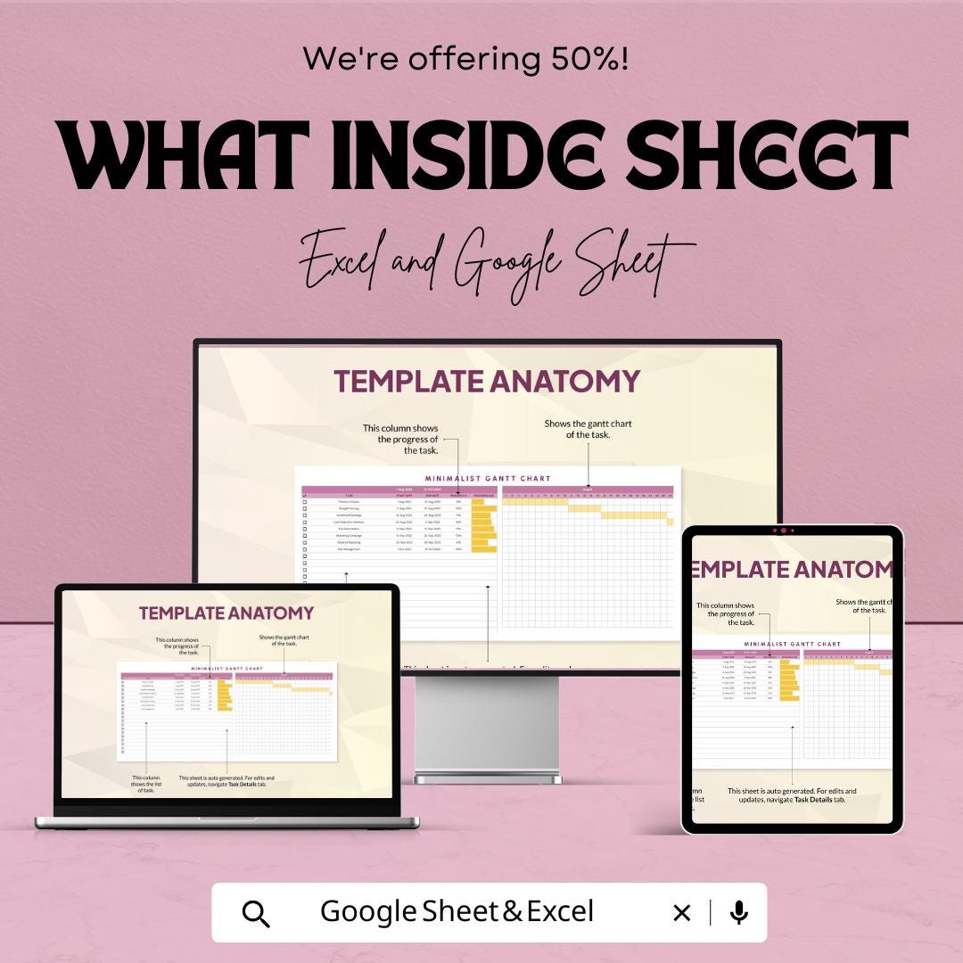 Minimalist Gantt Chart Template - Excel & Google Sheets - Project Management Schedule - Customizable Timeline - Task Tracker