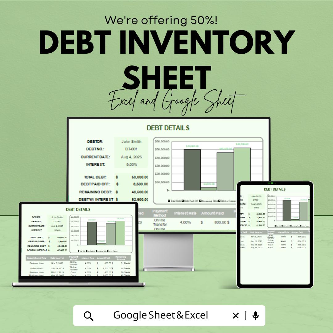 Debt Inventory Sheet | Excel and Google Sheets Template for Debt Management | Debt Tracking & Payment Planner | Financial Freedom |