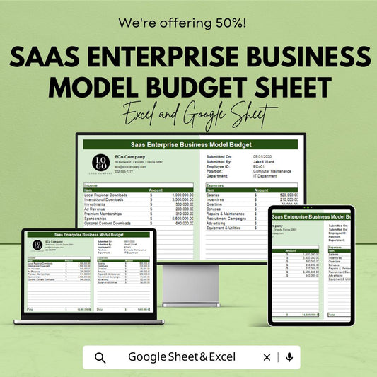 SaaS Enterprise Business Model Budget Sheet - Excel & Google Sheets Template - Instant Download - 50% Off