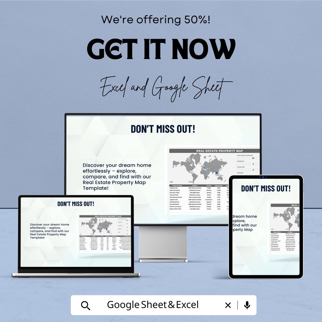 Real Estate Property Map Template, Property Location Tracker, Real Estate Portfolio Map, Property Database Sheet, Excel Google Sheets