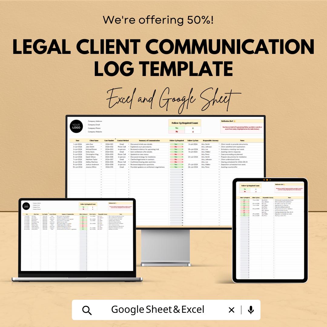 Legal Client Communication Log Template, Attorney Case Tracker, Law Office Spreadsheet, Excel & Google Sheets, Client Interaction Log