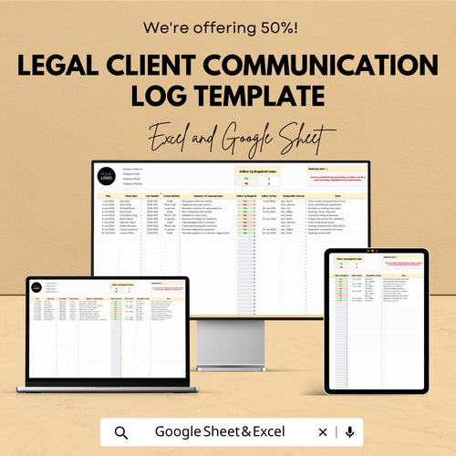 Legal Client Communication Log Template, Attorney Case Tracker, Law Office Spreadsheet, Excel & Google Sheets, Client Interaction Log