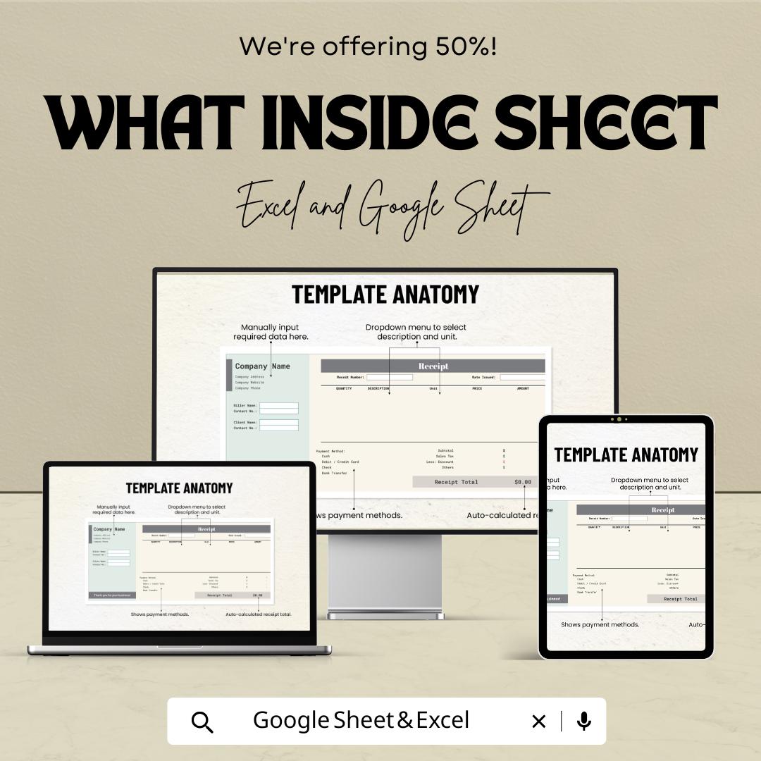 Self Employed Invoice Receipt Sheet - Customizable Google Sheet & Excel Template for Small Business Owners