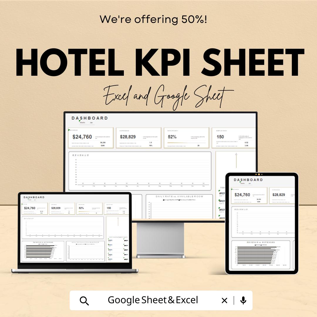 Hotel KPI Dashboard | Excel and Google Sheets | Hotel Performance Tracking | Revenue, Occupancy & Expense Analysis | Hotel Management