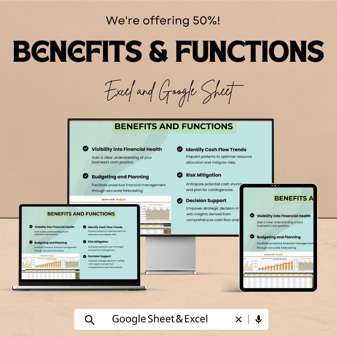 Cash Flow Analysis Template, Excel & Google Sheets, Cash Flow Tracker, Business Finance Spreadsheet, Budget and Income Expense Tool