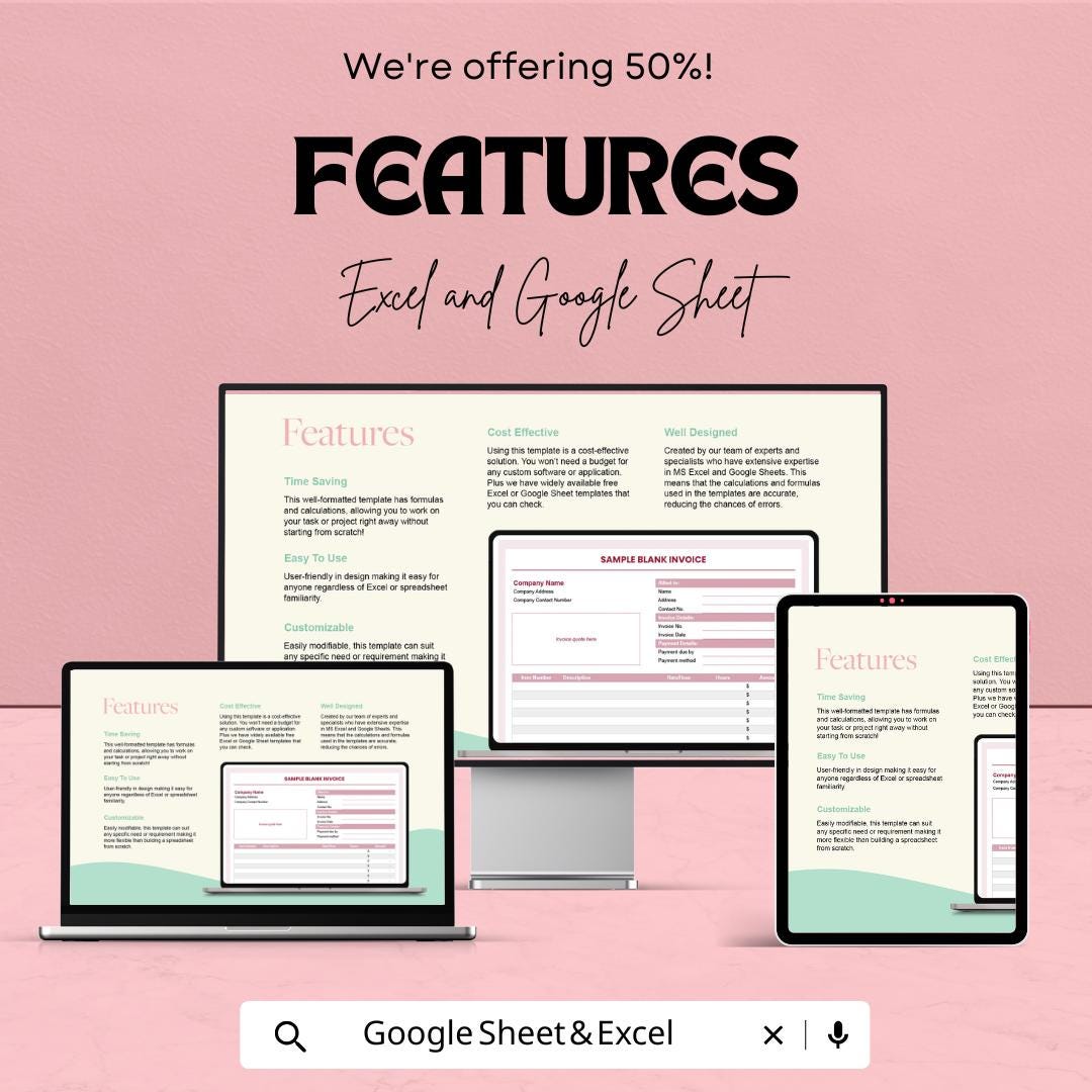 Sample Blank Invoice Template – Editable Excel  andGoogle Sheet | Professional Invoice for Business & Freelancers | Instant Download