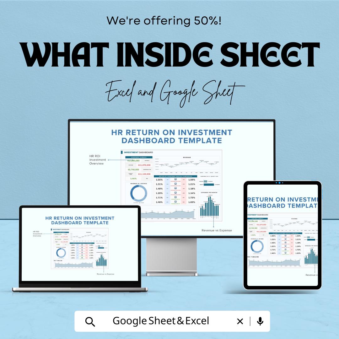HR Return on Investment Dashboard - Excel and Google Sheet - Track HR Performance & Investment Efficiency - Employee Data Analytics Template