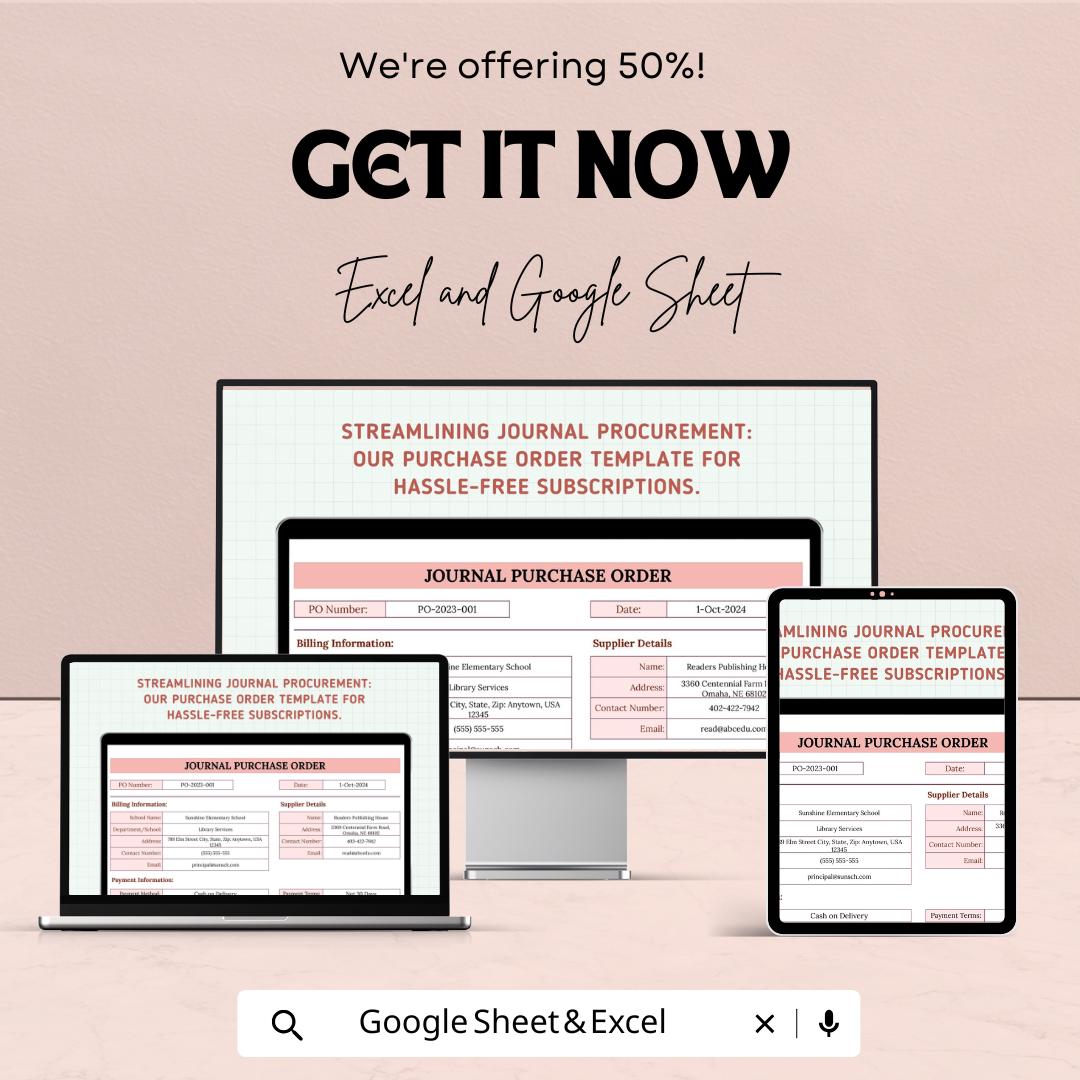 Journal Purchase Order Sheet | School and Library PO Form | Excel & Google Sheet Template | Billing, Supplier, Payment Info Tracker
