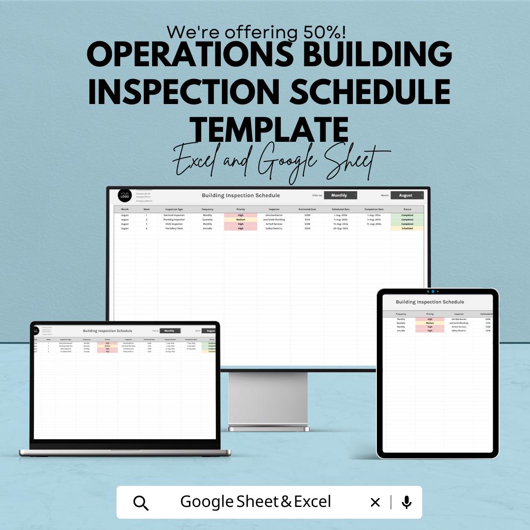 Operations Building Inspection Schedule Template | Inspection Tracker Spreadsheet | Excel & Google Sheets