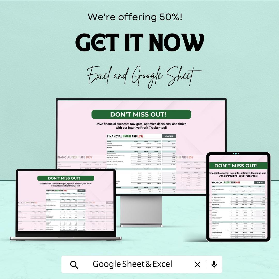 Financial Profit and Loss Sheet | Budget Management and Expense Tracker | Google Sheets | Instant Download for Small Business & Personal Use