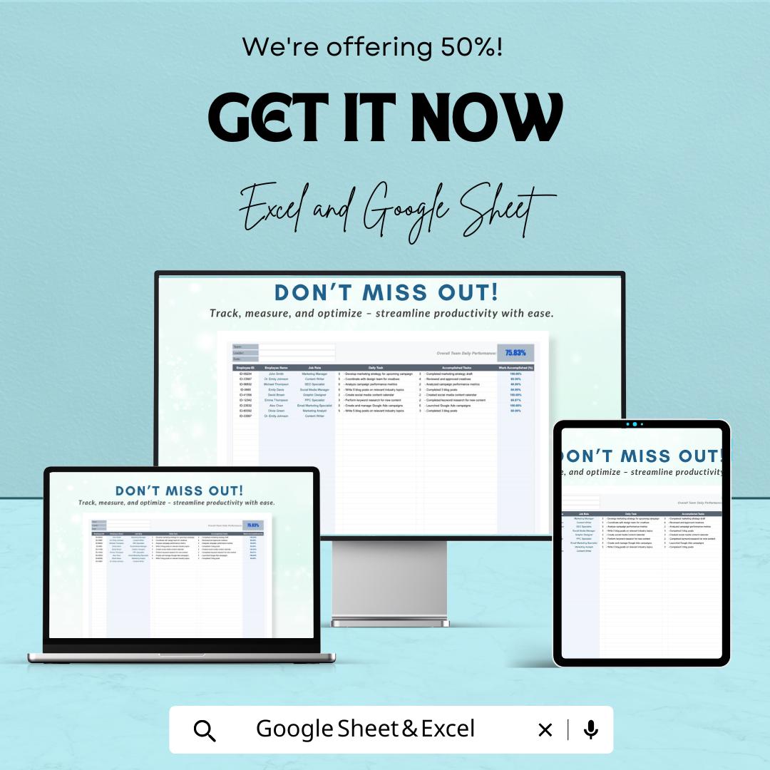 Productivity Workbook Sheet - Track Daily Tasks and Goals | Excel & Google Sheet | Improve Work Efficiency | Daily Performance Tracker