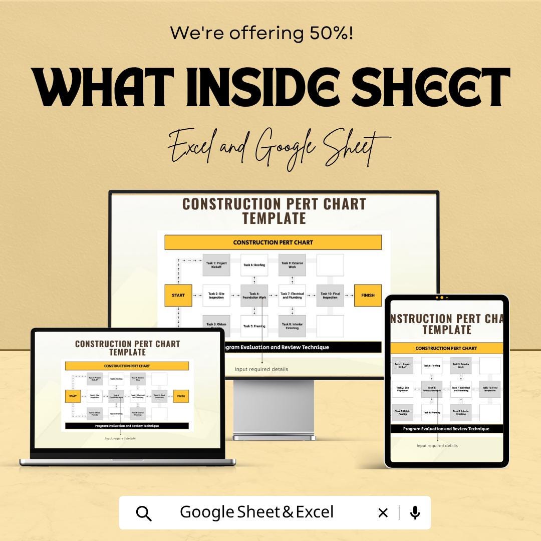 Construction PERT Chart Template | Project Management Spreadsheet | Construction Planning Tool | Excel & Google Sheets |
