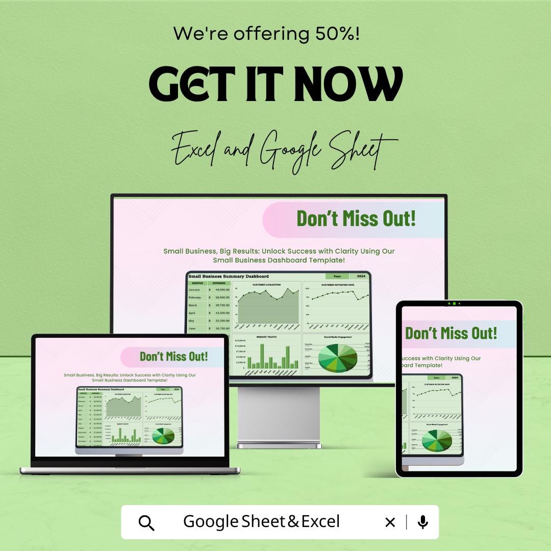 Small Business Dashboard Template | Financial, Sales, and Performance Tracker | Excel & Google Sheets