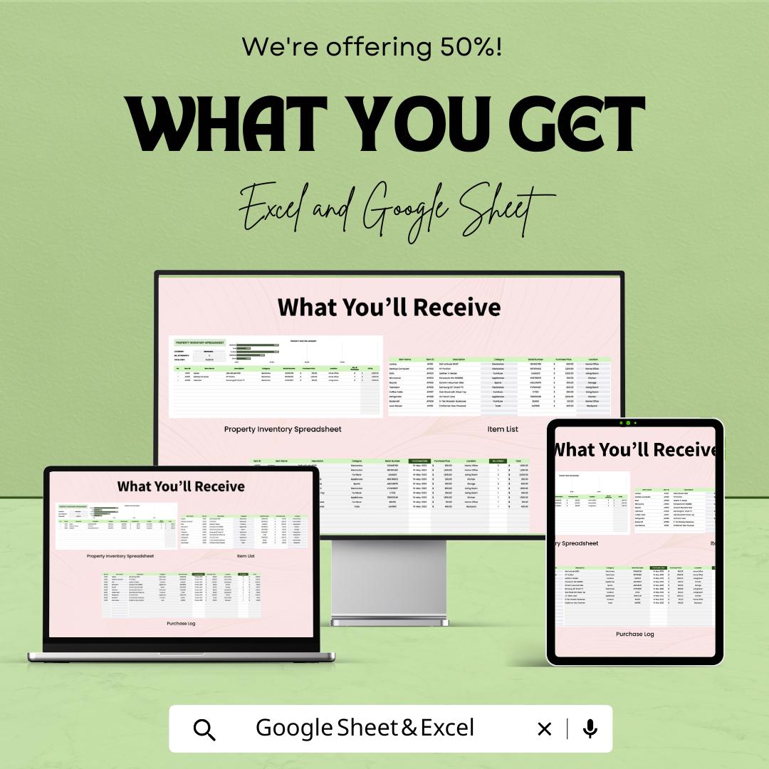 Property Inventory Spreadsheet Template | Asset Tracking Inventory Sheet | Excel & Google Sheets