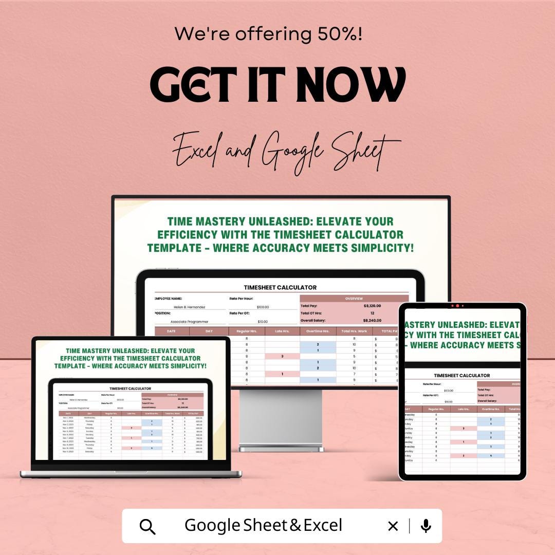 Timesheet Calculator Sheet - Excel and Google Sheets - Employee Time Tracking & Payroll Management - Hours Worked, Overtime,