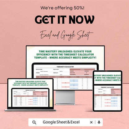 Timesheet Calculator Sheet - Excel and Google Sheets - Employee Time Tracking & Payroll Management - Hours Worked, Overtime,