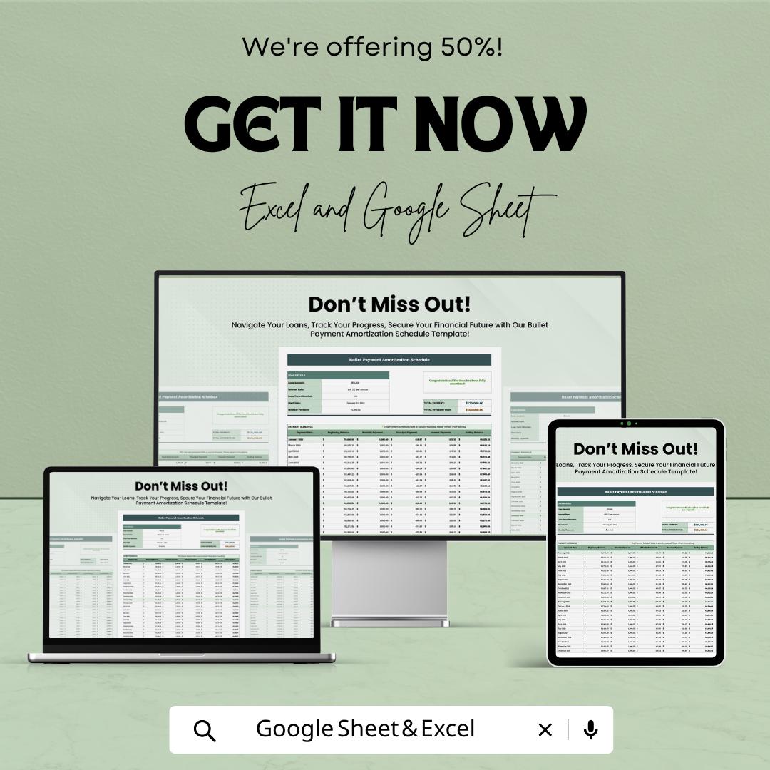 Bullet Loan Amortization Schedule | Loan Payment Calculator | Interest Tracker | Loan Repayment Planner