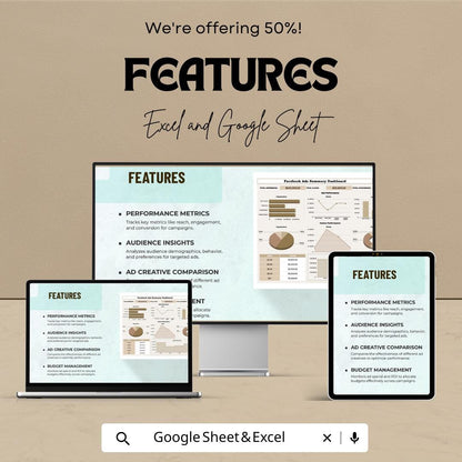 Facebook Ads Dashboard Template - Google Sheet for Facebook Advertising Insights - Marketing & ROI Tracker - Ads Performance Analysis Tool