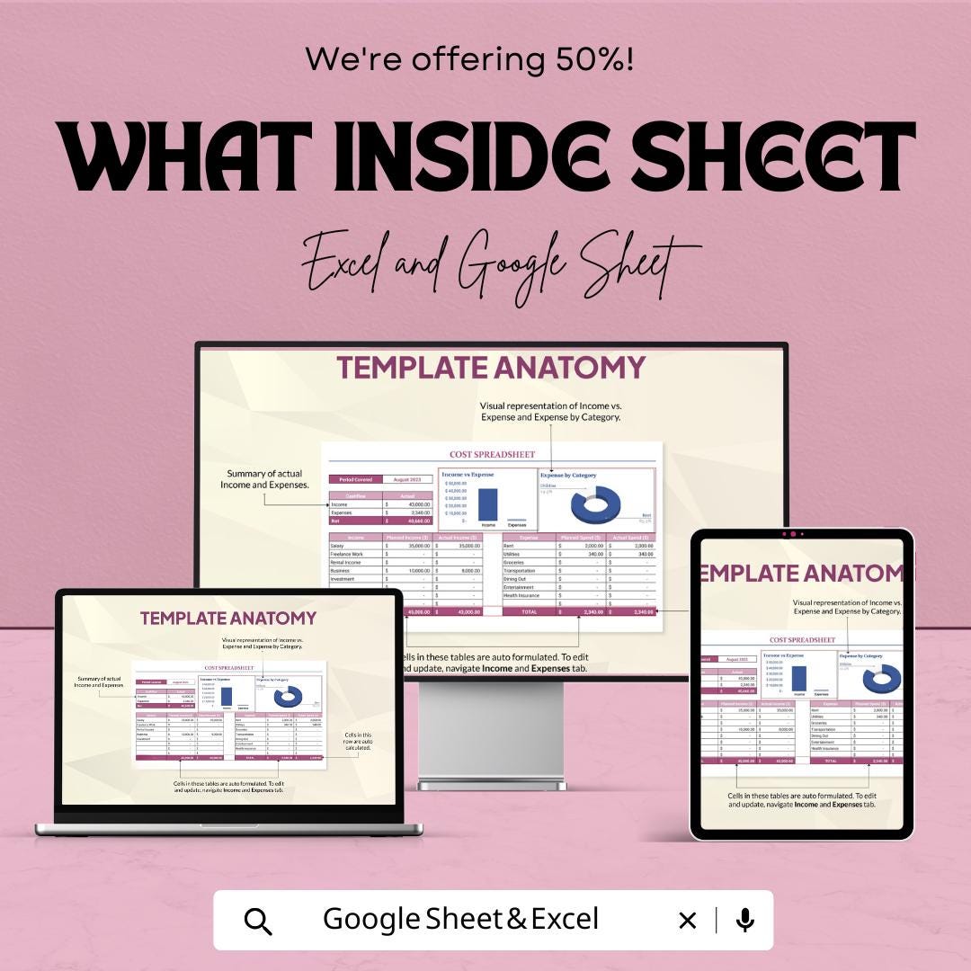 Cost Spreadsheet Template | Excel & Google Sheets Budget Tracker | Income Expense Dashboard | Financial Planning Tool