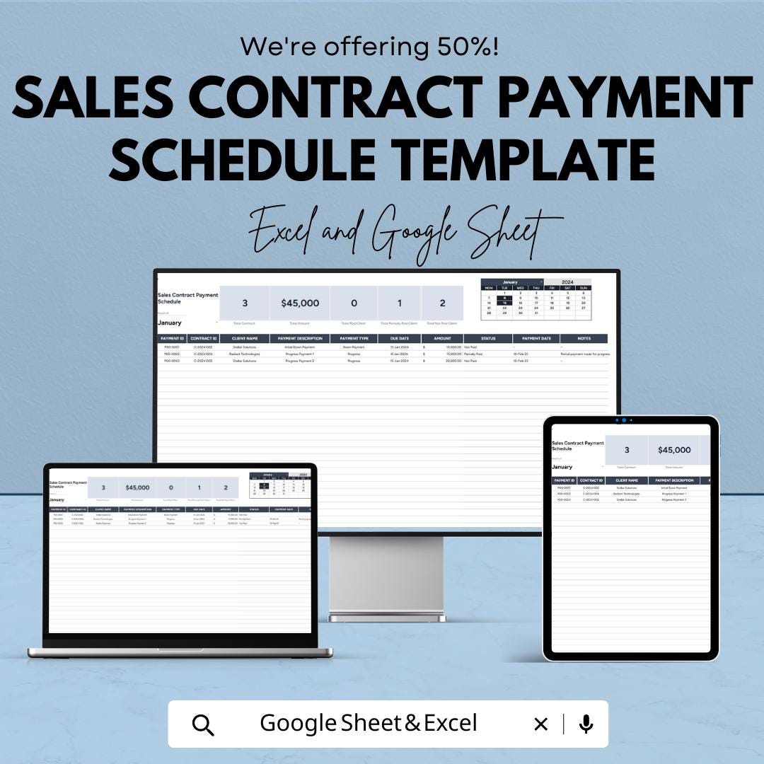 Sales Contract Payment Schedule Template, Excel & Google Sheets, Client Payment Tracker, Installment Planner, Business Contract Spreadsheet
