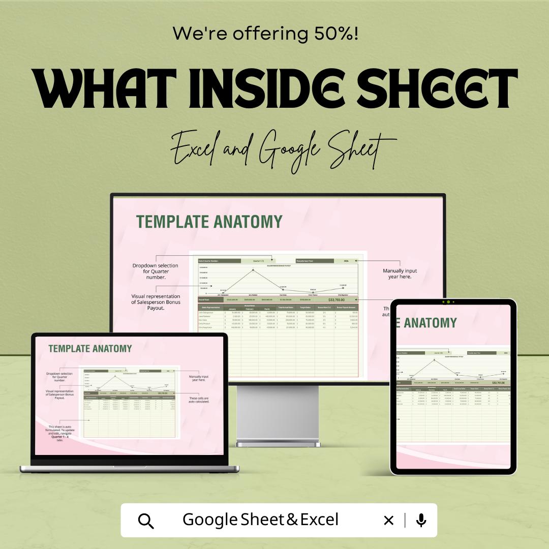 Sales Quarterly Bonus Payout Tracker Template | Excel & Google Sheets Bonus Calculator | Sales Commission Dashboard