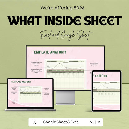 Sales Quarterly Bonus Payout Tracker Template | Excel & Google Sheets Bonus Calculator | Sales Commission Dashboard