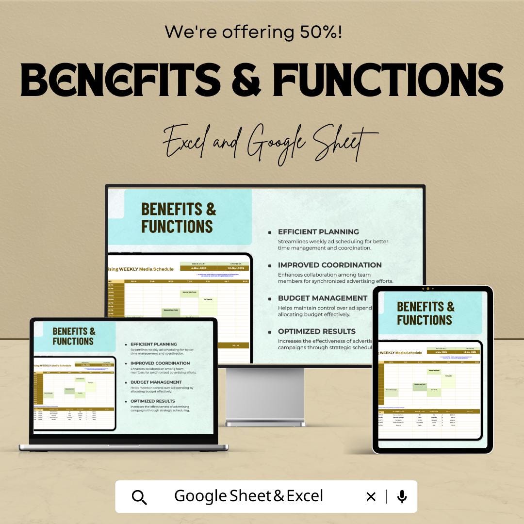 Advertising Weekly Media Schedule Template | Ad Campaign Planner | Media Planning Sheet | Weekly Advertising Calendar | Budget Tracker