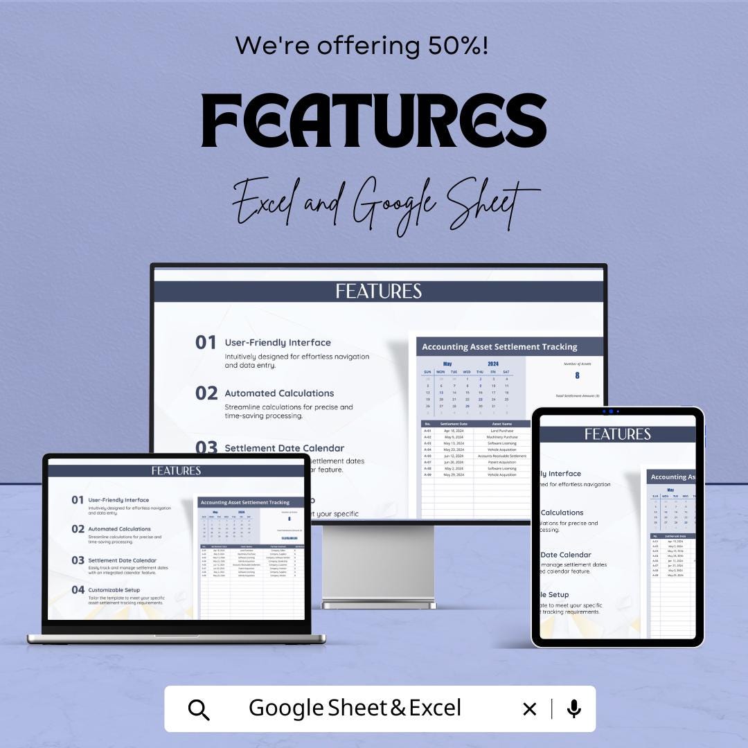 Accounting Asset Settlement Tracking Template | Asset Payment Tracker | Settlement Calendar & Summary
