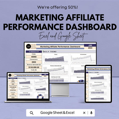 Marketing Affiliate Performance Dashboard Sheet - Excel & Google Sheet Template for Tracking Affiliate Marketing