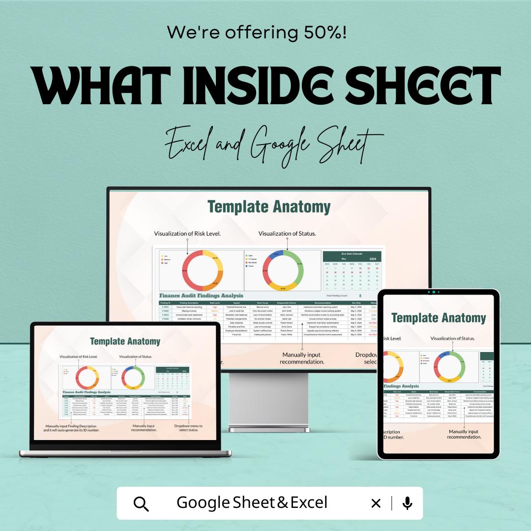 Finance Audit Findings Analysis Template, Audit Tracker Excel, Google Sheets Audit Log, Financial Audit Dashboard, Risk Assessment Tool