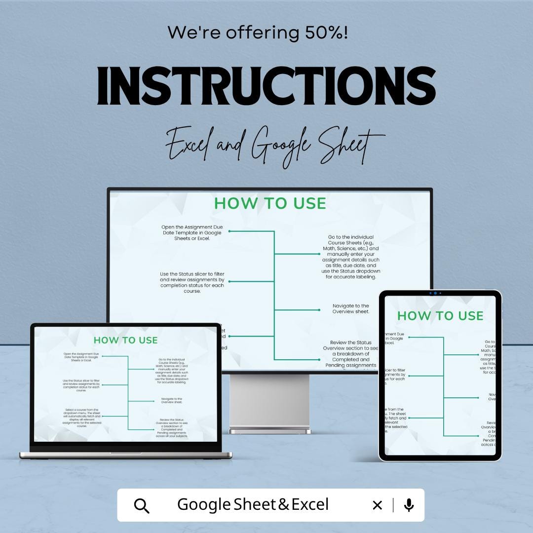 Assignment Due Date Template | Student Planner Spreadsheet | Homework Tracker | Excel & Google Sheets | Assignment Tracker Dashboard