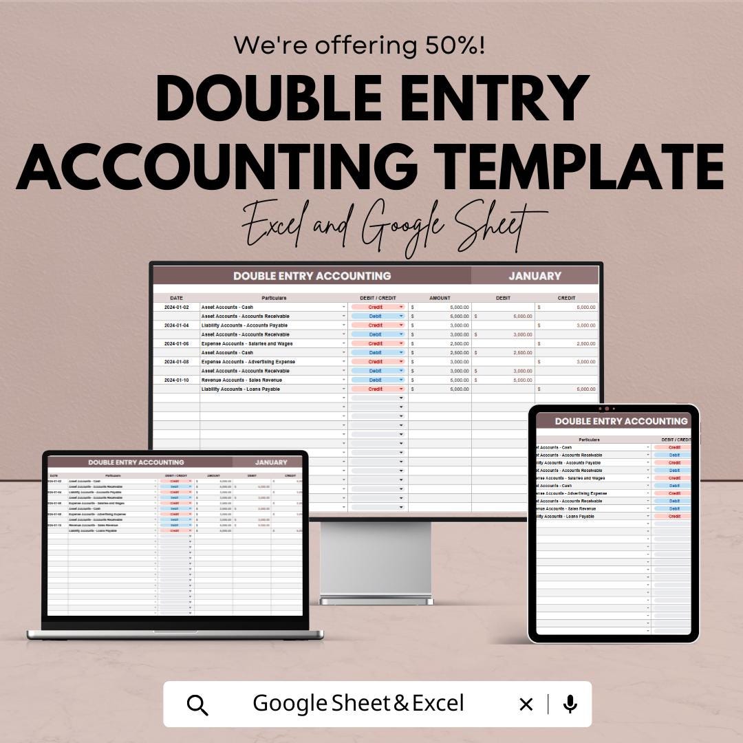 Double Entry Accounting Template | Ledger & Journal System | Debit Credit Tracker | Bookkeeping Spreadsheet