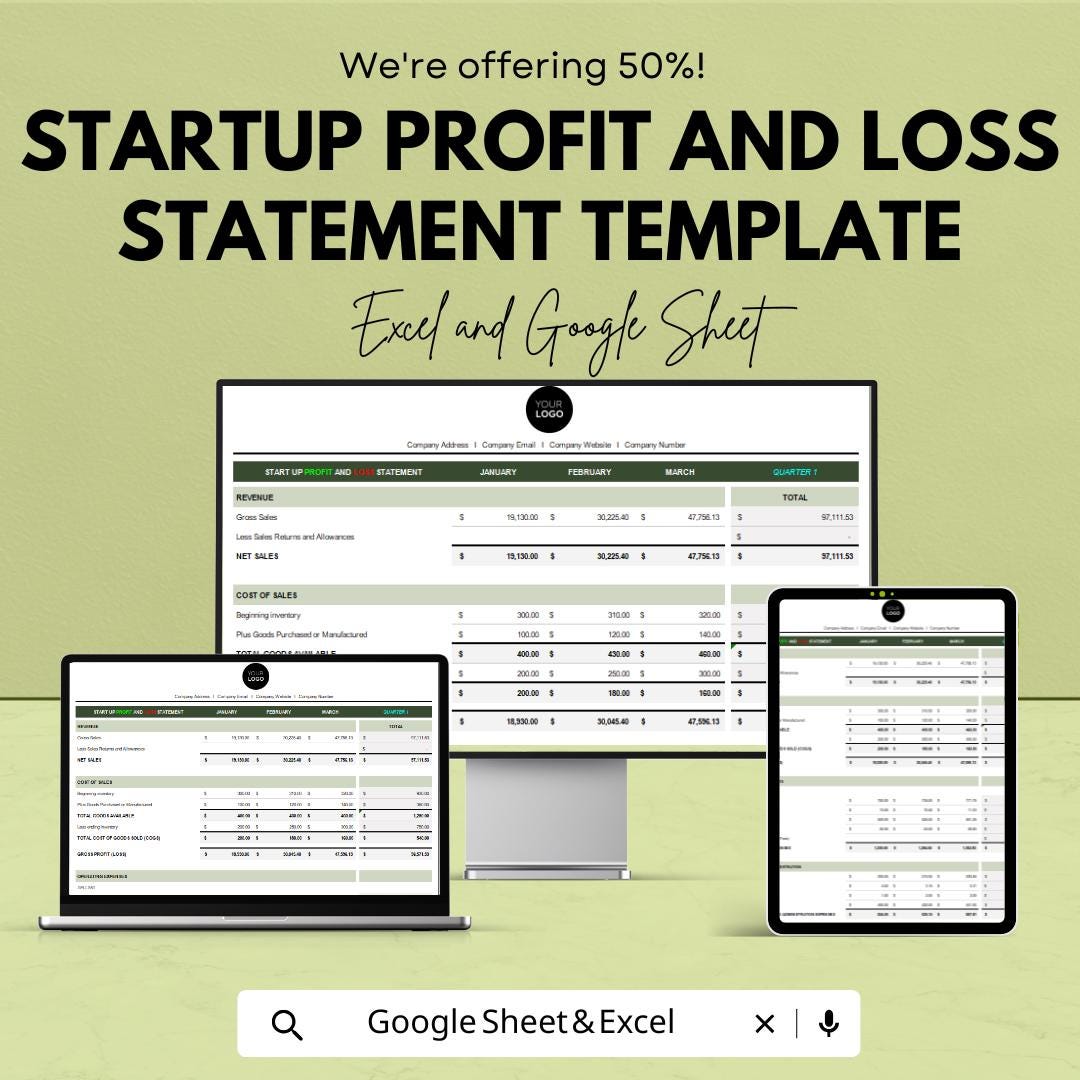 Startup Profit and Loss Statement Template | P&L Spreadsheet for Excel and Google Sheets | Income Statement for Startups