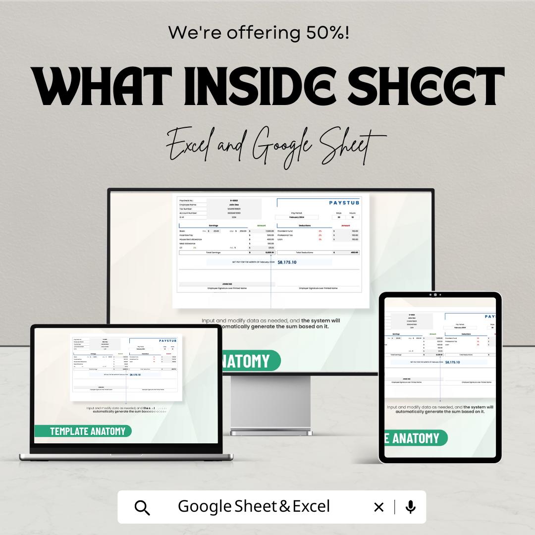 50% Off | Paystub Sheet Template for Excel and Google Sheets | Employee Pay Stubs, Deductions, & Earnings Breakdown