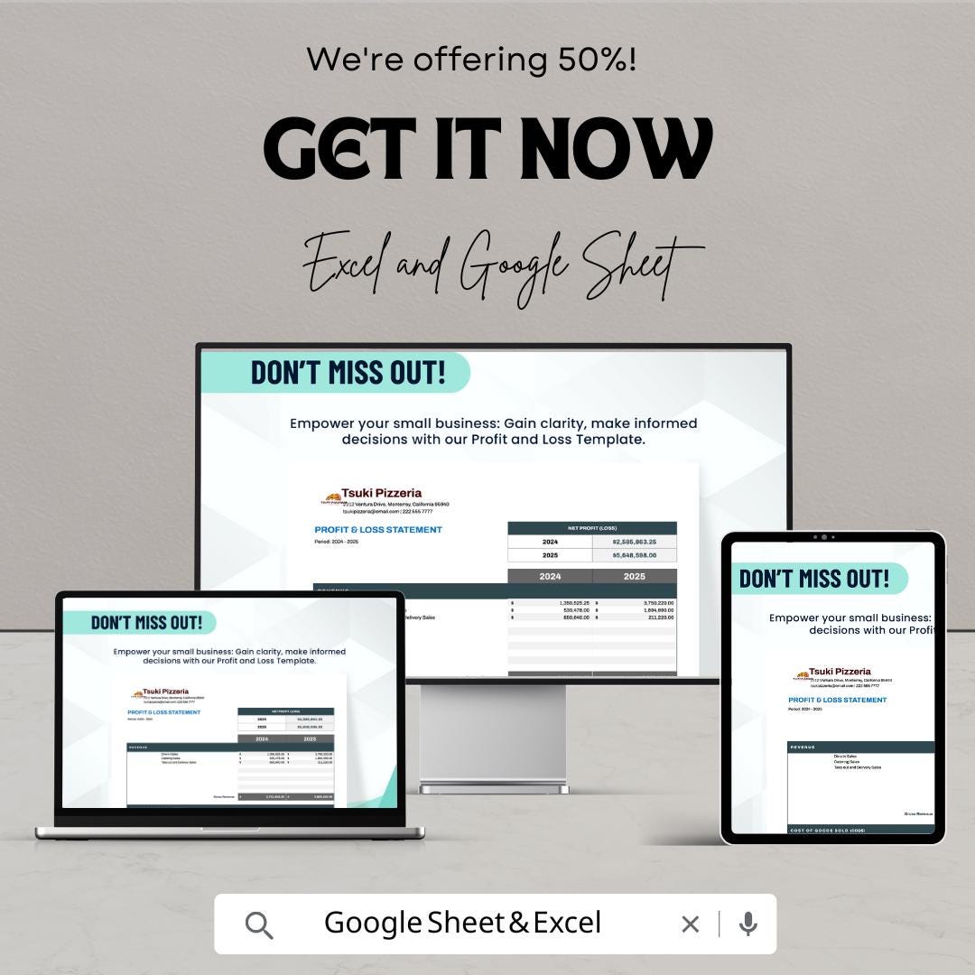 Small Business Profit and Loss Statement Sheet | Excel & Google Sheet Template | Financial Analysis for Small Businesses | Instant Download