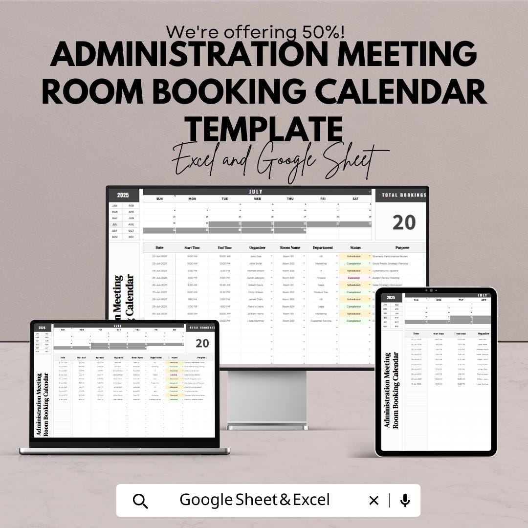 Administration Meeting Room Booking Calendar Template  | Conference Room Scheduler | Office Reservation Tracker | Meeting Planner