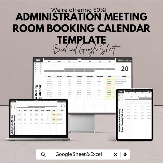 Administration Meeting Room Booking Calendar Template  | Conference Room Scheduler | Office Reservation Tracker | Meeting Planner