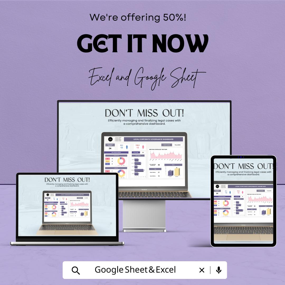 Legal Corporate Governance Dashboard | Excel and Google Sheet | Business Risk Management & Performance Tracking | ERG and Meeting Records