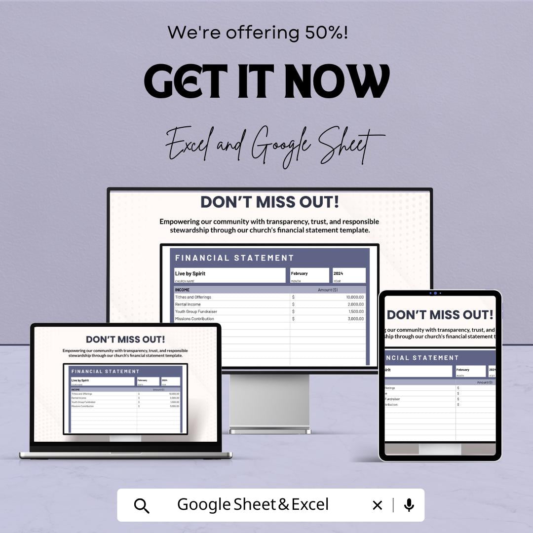 Church Financial Statement Template | Church Income and Expense Report | Monthly Financial Statement | Excel and Google Sheets Template