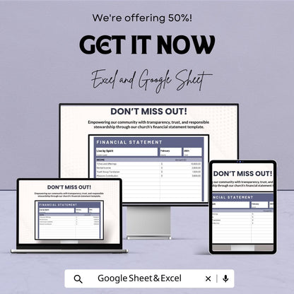 Church Financial Statement Template | Church Income and Expense Report | Monthly Financial Statement | Excel and Google Sheets Template