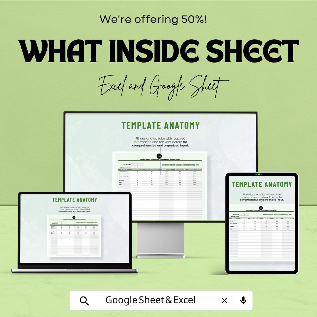 Administration Office Space Planning Tool Template | Office Space Planner for Excel & Google Sheets | Workspace Planning Spreadsheet