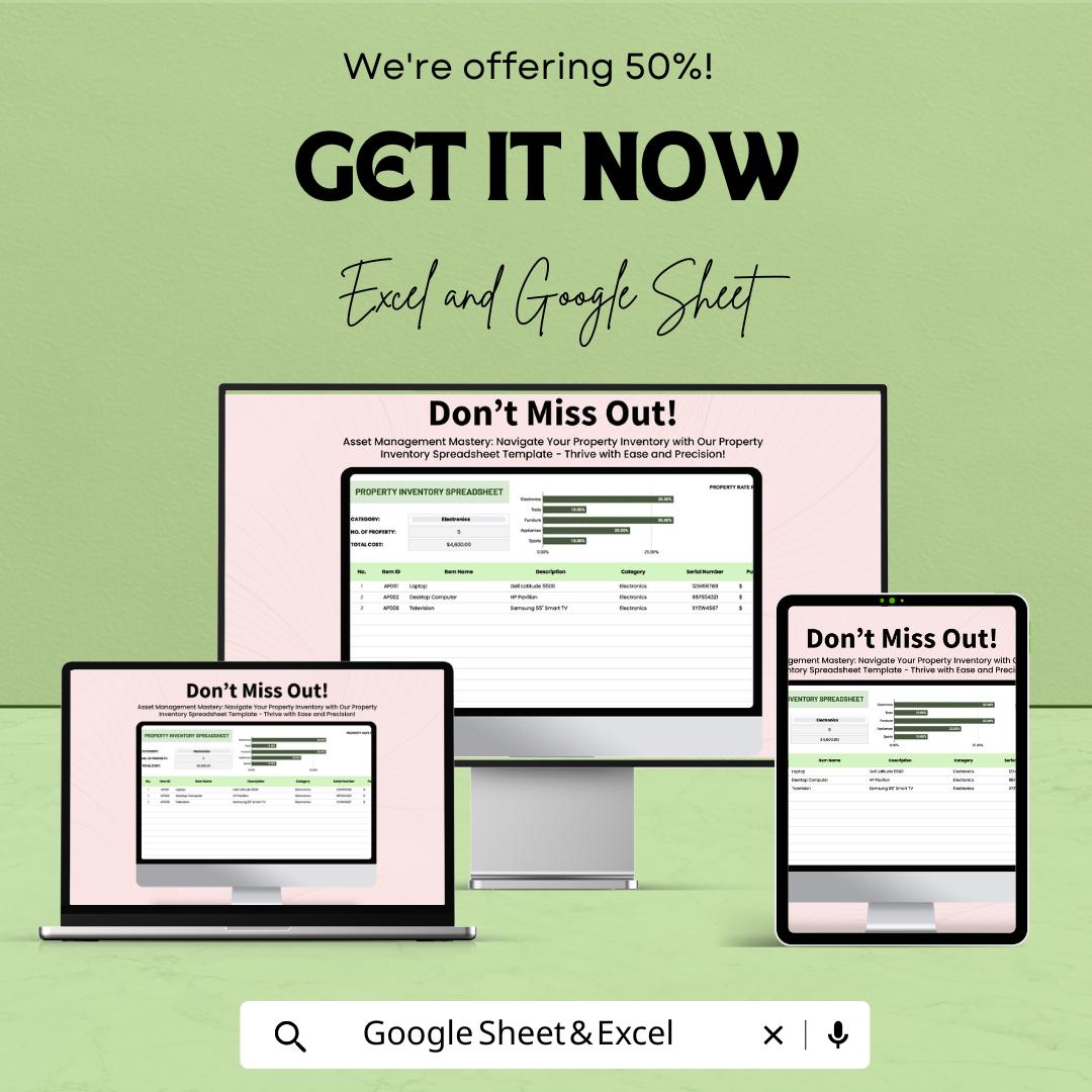 Property Inventory Spreadsheet Template | Asset Tracking Inventory Sheet | Excel & Google Sheets