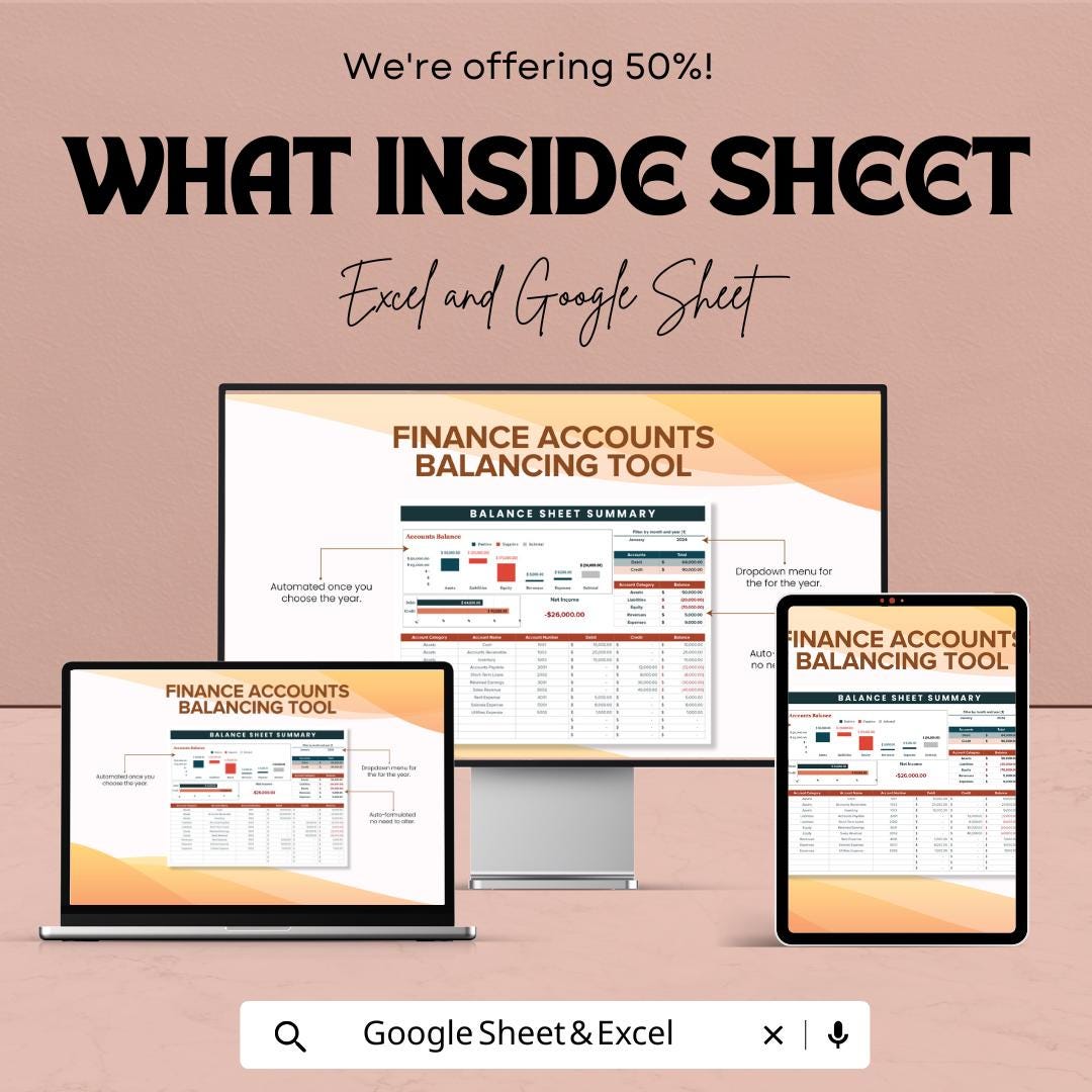 Finance Accounts Balancing Tool Template |  Balance Sheet Summary Template | Accounting Tracker | Financial Management Spreadsheet